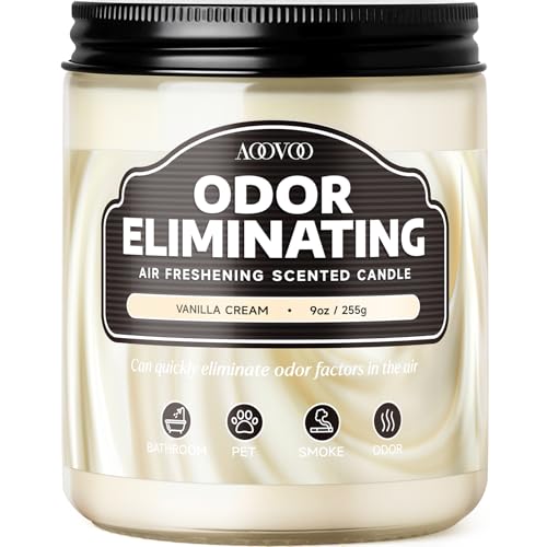 Image of AOOVOO Vanilla Cream Odor Eliminating Highly Fragranced Candle - Eliminates 95% of Pet, Smoke, Food, and Other Smells Quickly, Non Toxic Air Freshing Soy Candle, Up to 50 Hours Burn time