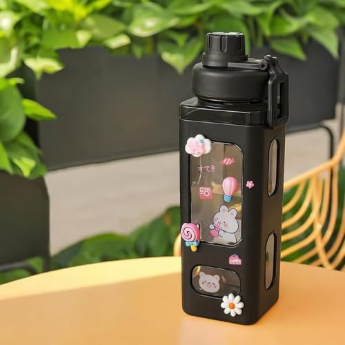 Image of LHOTSE Cute Square Water Bottle for School with Straw & Leakproof Lid - Large Capacity Kawaii Bottle for Kids, Girls & Office Usen 700 ML (Black)