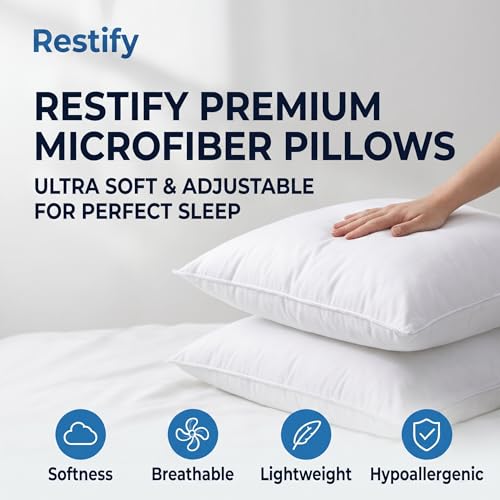 Image of Restify Premium Microfiber Pillows Set of 2 | Soft Adjustable Pillow for Sleeping | Breathable, Hypoallergenic Pillow for Side, Back & Stomach Sleepers (White)