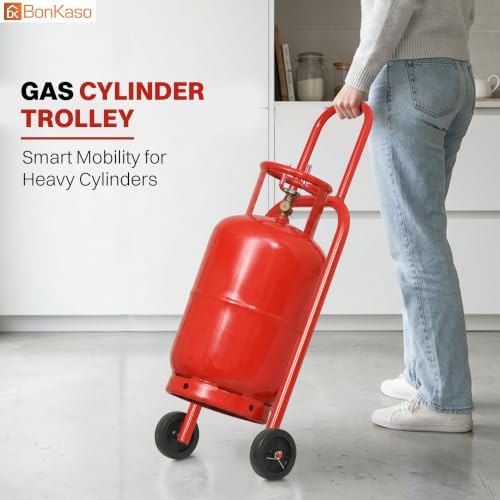 Image of Bonkaso Gas Cylinder Trolley with Handle for LPG Cylinder, Heavy-Duty Alloy Steel Hand Truck with 2 Fixed 100 mm Wheels, 70 kg Capacity, Powder-Coated Red Finish for Home & Commercial Use