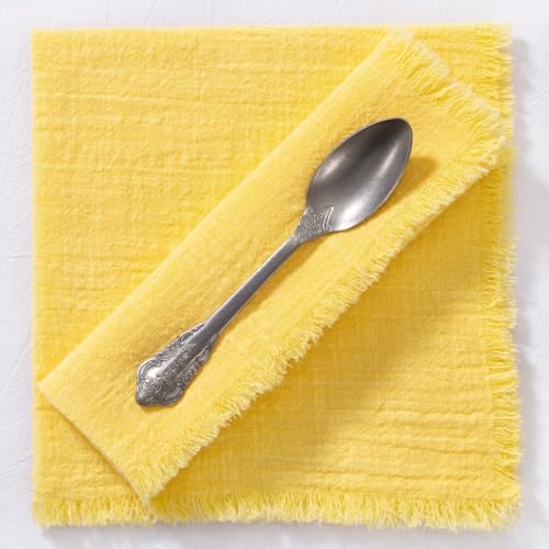 Image of Cloth Napkins with Fringe 6 Pack 17 inchx17 inch Boho Cotton Linen Napkins Yellow | Washable Dinner Napkins Rustic Fringed Gauze Napkins Cloth for Wedding Party Bridal Baby Shower Birthday Decor