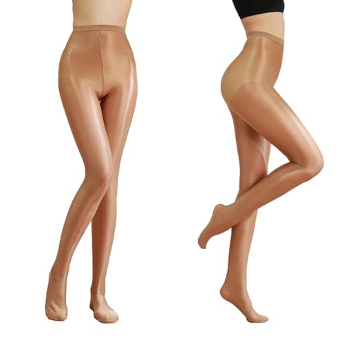 RICHTOER 2 Pairs Shiny Pantyhose Shaping Ballet Oil Socks Silky Smooth Nylon Stockings Sexy Dance Tights (Champagne 2)