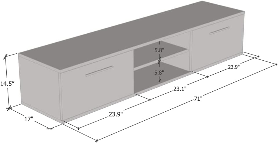 Meble Furniture Soho S3 71" TV Stand — Modern High Gloss Front with Matte Body — Storage Cabinets — White, 71" W x 16" D x 19" H