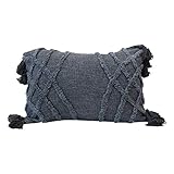 Creative Co-Op Stonewashed Cotton Blend Slub Tufted Chevron Pattern & Tassels, Blue Pillow