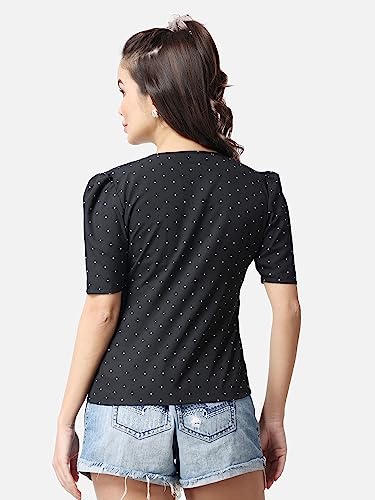 Image of POPWINGS Casual Printed Puff Sleeves Round Neck Top for Women || Stylish Summer Tops for Women || Hip-Length Women Top