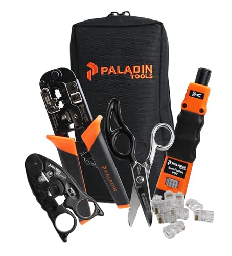 Paladin Tools PA4908 Network Tool Kit | Data & Voice Installation Kit | Cutter, Stripper, Scissors, Punchdown Tool, Plugs | RJ45 RJ11 RJ12 RJ22 (POE Ethernet)