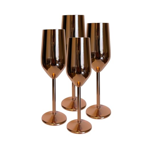 Laurie's Pub and Bar Accessories Set of 4 Stainless Steel Brushed Rose Gold/Copper Champagne Glasses | 220ml | Unbreakable Champagne Flutes