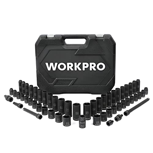 WORKPRO 1/2 Drive Impact Socket Set with Extension Bars, Premium Cr-V Steel, Complete 55-Piece, SAE and Metric Sockets with Enhanced Storage Case