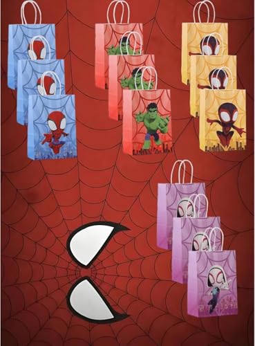 12 PCS spide-themed party gift bags. Made of kraft paper and equipped with handles they are perfect for holding candies snacks etc. They are suitable for various festivals and birthday parties.
