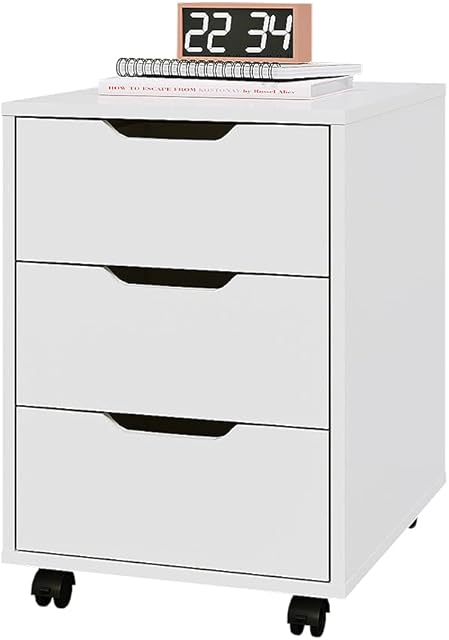 Office Mobile File Cabinet with 3 Drawers, White Wooden Storage Unit with Caster Wheels Under Table Pedestal Side File Document Cabinet (White)