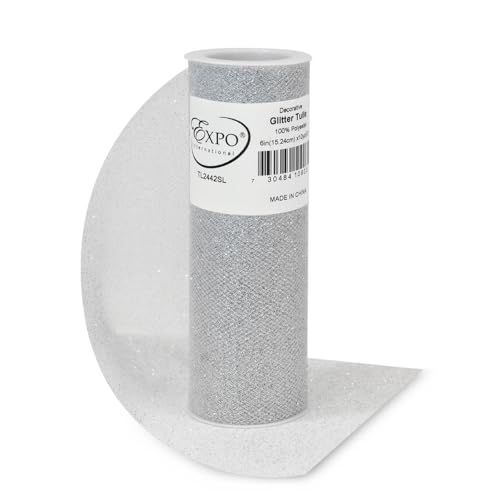 Image of Expo International Decorative Glitter Tulle, Roll /Spool of 6 inch X 10 Yards, Lightweight Polyester Tulle Fabric for Costumes, Wedding, and Party Decorations, Washable, Easy-to-Use, Silver