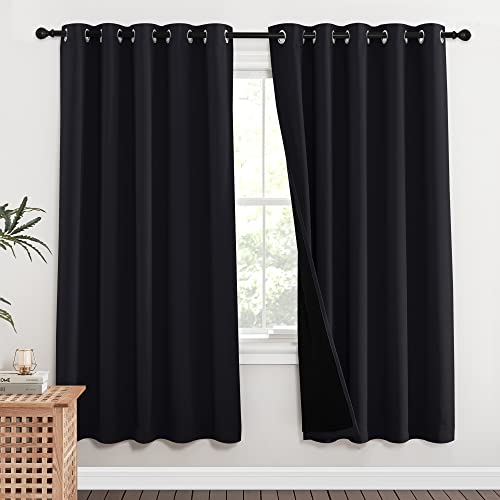 Image of NICETOWN 100% Blackout Window Curtain Panels, Full Light Blocking Drapes with Black Liner for Nursery, 72 inches Drop Thermal Bedroom Drapes and Curtains (Black, 2 Pieces, 62 inches Wide Per Panel)
