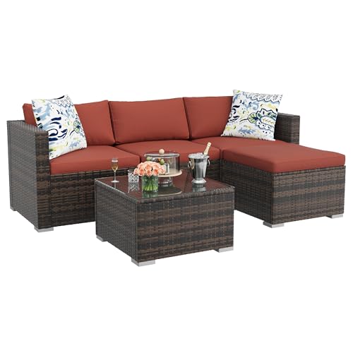 Image of GAOMON 5-Piece All-Weather Patio Furniture Set, Convertible Outdoor Sectional Sofa with Ottoman & Tempered Glass Table, PE Rattan Conversation Set for Garden, Backyard, Porch, Poolside