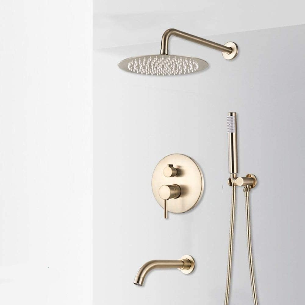 Sistema de Ducha con grifos de Ducha de Oro Cepillado, Sistema de Ducha de Lluvia, Grifo Mezclador Oculto de Agua fría y Caliente, Grifo de Ducha Redondo para baño, Giratorio de 3 vías y 10