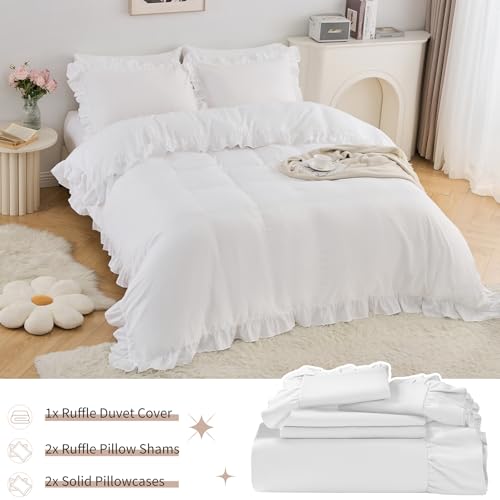 Horbaunal 5 Pcs White Ruffle Duvet Cover King Size Soft Microfiber Shabby Chic Ruffled Duvet Cover Set, Vintage French Country Ruffle Bedding Set with Zipper Closure & Corner Ties, 90" x 104" by Horbaunal - Used condition - Image 4