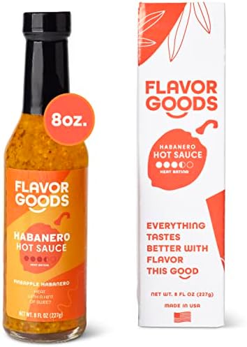 Flavor Goods, Pineapple Habanero Hot Sauce. Mild Heat. Spicy with a Hint of Sweet. Gluten-Free & Vegan. Real Food Ingredients. 8oz Glass Bottle. The Good on Everything, Gourmet Hot Sauce.