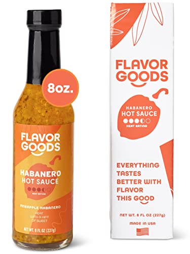 Flavor Goods, Pineapple Habanero Hot Sauce. Mild Heat. Spicy With A Hint Of Sweet. Gluten-Free & Vegan. Real Food Ingredients. 8Oz Glass Bottle. The Good On Everything, Gourmet Hot Sauce. #TOP16
