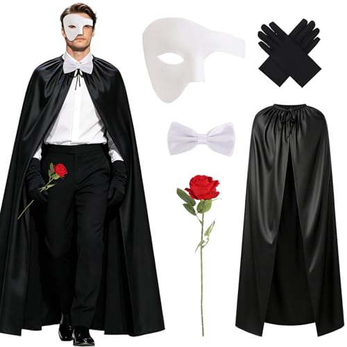 5 Pieces The Opera Costume Accessories Set Mens Masquerade Costume Set with Half Face Mask Long Cape Gloves Bow Tie and Artificial Red Rose for Halloween Carnivals Masquerade Party Cosplay