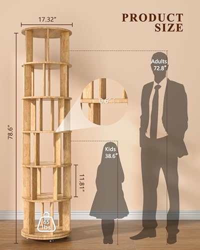 Image of IUNVR 6 Tier Rotating Bookshelf Tower Spinning Bookshelf with Swivel Wheels Book Shelf Rotating Storage Tower for Kids Adult Narrow Solid Wood Revolving Bookcase Organizer for Bedroom Living Room