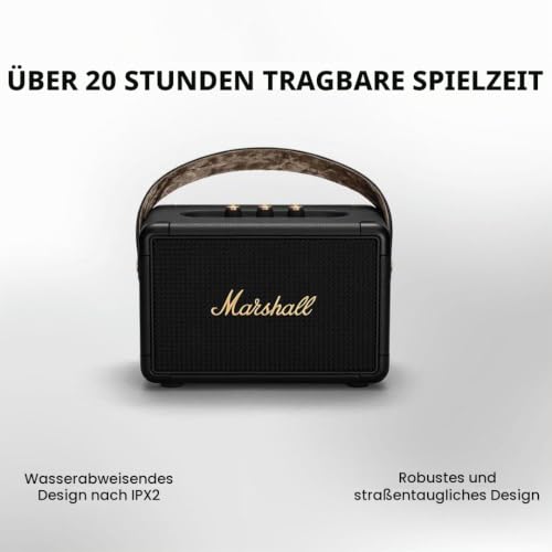 Marshall Kilburn II Bluetooth Tragbarer Wasserabweisend Lautsprecher, Kabelloser - Schwarz und Messing – Ansicht 2