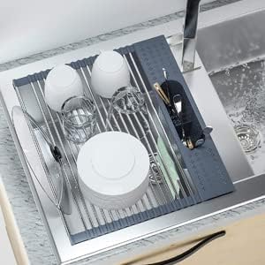 Miniatura 3 de LEMIKKLE Escurridor de platos enrollable de 20 x 15.2 pulgadas sobre el fregadero, escurridor de platos multiusos de acero inoxidable SUS304,