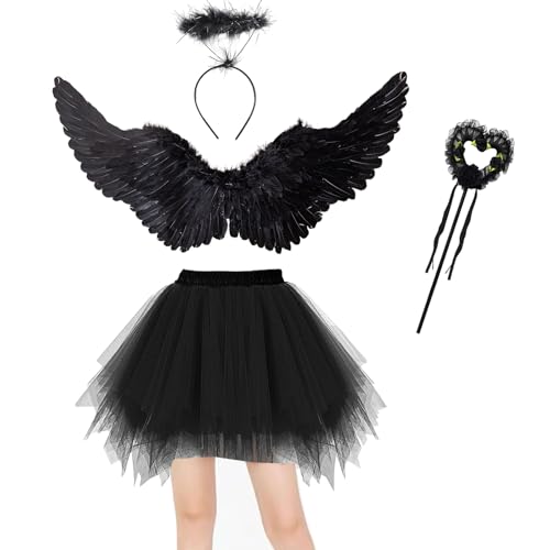 4 piezas de disfraces de ángel señoras conjunto 80CM alas de ángel negro adulto ángel diablo hada traje de tul falda con halo varita mágica para el carnaval de Halloween cosplay disfraz de disfraces
