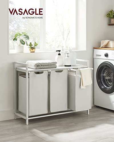 Image of VASAGLE Laundry Hamper, Laundry Basket, Laundry Sorter with 3 Pull-Out and Removable Bags, Shelf, Metal Frame, 3 x 10.6 Gallons (40 L), 36.4 x 13 x 28.4 Inches, Cream White and Cloud White UBLH301W01
