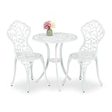 Relaxdays Gartenmöbel Set, 3-teilig, Tisch & 2 Stühle, Aluguss, Balkonmöbel mit Blättermuster, Garten Sitzgruppe, weiß