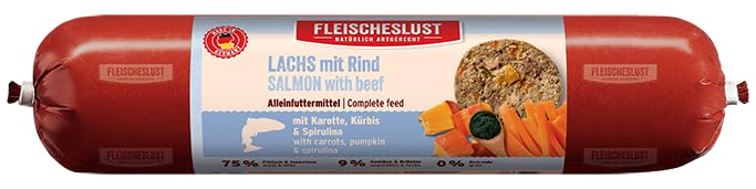 Fleischeslust Lachs mit Rind mit Karotte, Kürbis & Spirulina Wurst (1 x 800 Gramm)