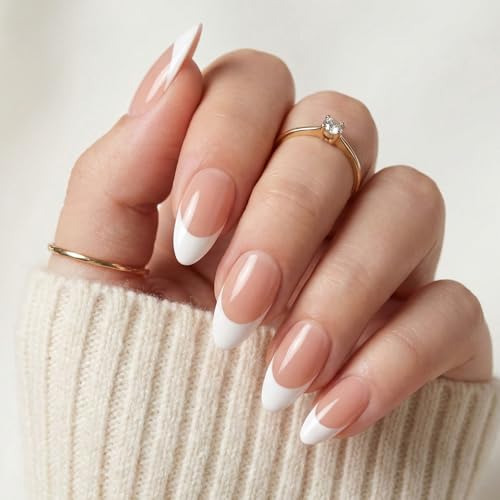 French Tip Press on Nails Medium Almond, Soft Gel Glossy Fake Nai...