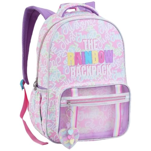 Mochila de Costas Escolar Juvenil, C/Compartimento para Notebook, Bolsos Laterais e Frontal, Alças Confortáveis, P/Meninas, Material Resistente (Mochila Escolar Rainbow Backpack)