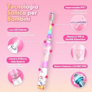 Spazzolino Elettrico Bambini 3-6-12 Anni Spazzolino Elettrico Bambina Bambino Con Timer Luci LED Arcobaleno E 4 Testine Morbide (Unicorno Rosa)