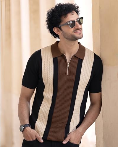 Image of AUSK Men's Zip Collar Polo Tshirt | Cotton Rich Material | Half Sleeves | Modern Knit Panel Work | Regular Fit