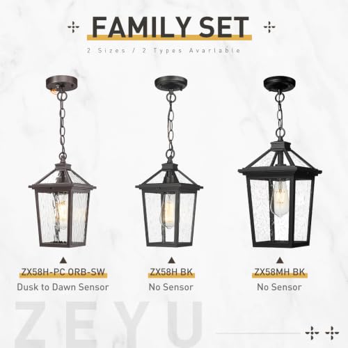 Image of zeyu 12 Inch Dusk to Dawn Outdoor Hanging Light, Outside Hanging Light for Patio, Die-Cast Aluminum with Water Ripple Glass, Oil Rubbed Bronze Finish, ZX58H-PC ORB-SW