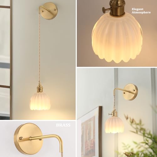 Image of Shenmoyl Battery Operated Wall Sconce with White Tulip Shade Pattern Glass Adjustable Chain Retro Gold Wall Mounted Light, Modern Wall Lamp Fixtures Decor for Bedside Bedroom Indoor Doorway