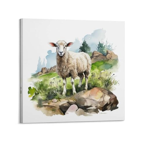 Poster sur toile mouton pour chambre à coucher déco murale nature et rochers 50x50 cm
