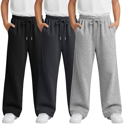 LessonZoo 3 Pack Boys Baggy Sweatpants Athletic Wide Leg Joggers Elastic Waist Track Pants Open Bottom Pants with Pockets(11-12 Years Light Gray Dark Gray Black)