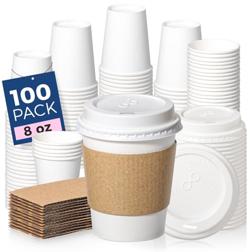Fit Meal Prep 100 Pack 8 oz Disposable Coffee Cups with Lids Sleeves Leak-Proof To Go Coffee Cups with Lids Durable Hot Paper Cups for Hot Cocoa and Coffee Bar Supplies