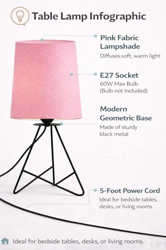 Image of Modern Black Tripod Table Lamp with Taper Fabric Shade | Metal Base Bedside Lamp for Bedroom, Living Room, Study, Office & Nightstand | Decorative Table Light (Pink)
