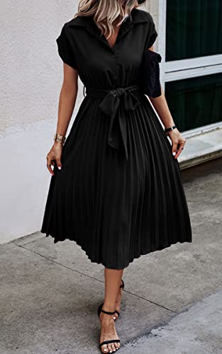 Image of ECOWISH Womens Casual Midi Dresses Solid V Neck Short Sleeve Button Shirt Belted Dress with Pockets for Spring Summer 2026