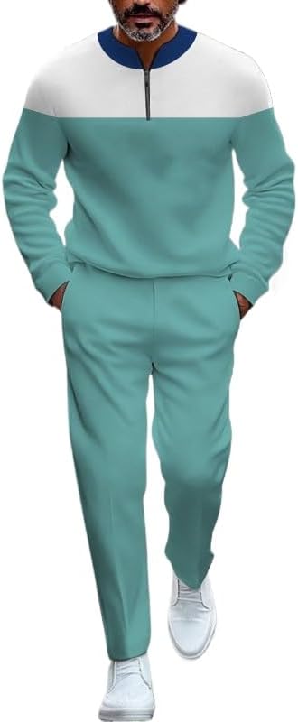 Men's fashion casual shirt jogging pants two-piece set, half zip long sleeved top pants sports set