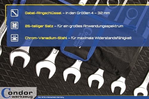 CONDOR Werkzeug 35-26T | Gabel-Ringschlüssel-Satz | 26-tlg. | Chrom-Vanadium-Stahl verchromt | 4-32 mm | Maulschlüssel Satz Ratschenschlüssel Set Profi Werkzeug für Werkstatt und Heimwerker
