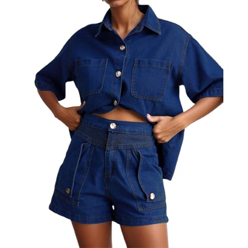 Conjunto de jeans para mujer, estilo casual, de manga corta y pantalones cortos, conjunto de verano de dos piezas para mujer, azul, XXL