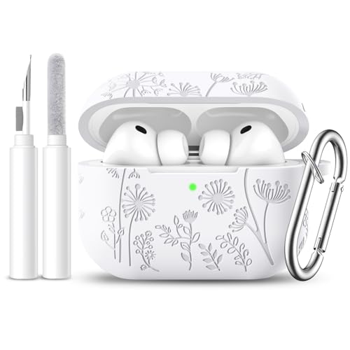 Lerobo for AirPods Pro 3 Case, Flower Engraved Soft Silicone Cover, White