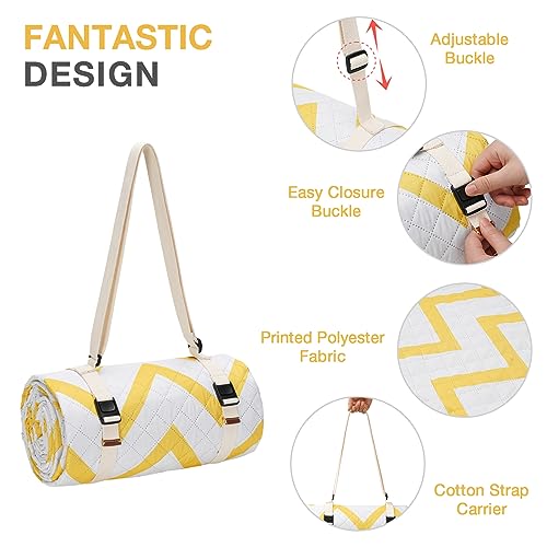 WILLOW WEAVE Picnic Blanket, 80\'\'x80\'\' Waterproof Outdoor Blankets, Picnic Mat Washable for Beach, Picnic Blankets for Camping on Grass with Shoulder Strap - YellowChevon - Thumbnail 3