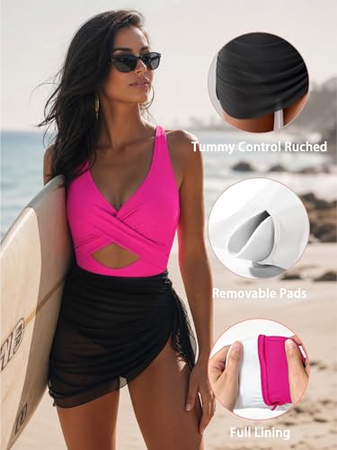 Image of B2prity Women Mesh One Piece Swimdress Swimsuit Tummy Control V Neck Cutout Bathing Suit Wrap Drawstring Sarong Swimwear