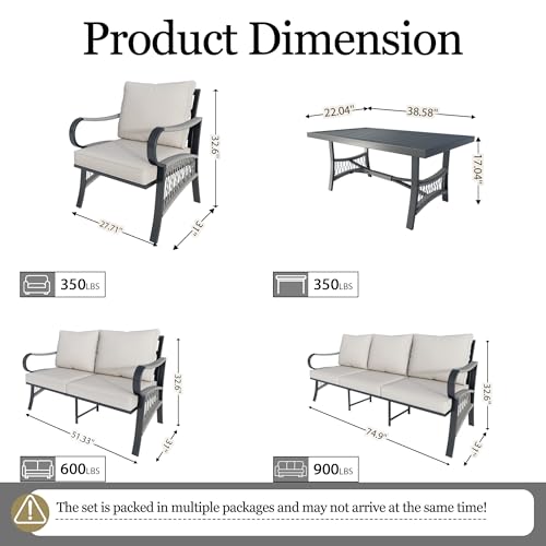 Image of 5 Pieces Patio Conversation Sets, All Weather Metal Outdoor Furniture Set with Sectional Sofa Loveseat Couch for Backyard Garden Deck Porch Poolside (Beige Cushions)