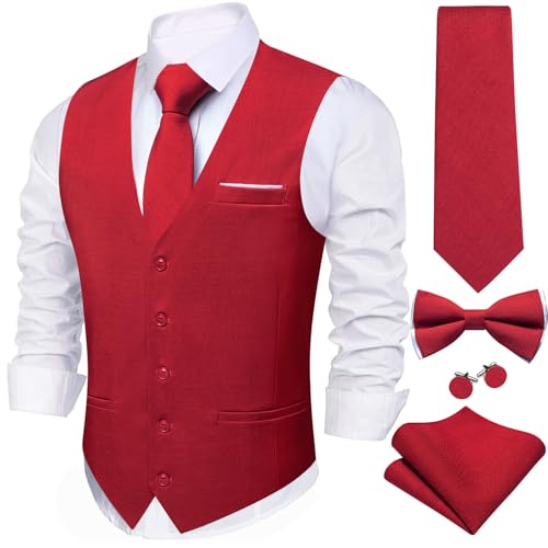 Barry.Wang Mens Suit Vest Linen Formal/Casual V-neck Waistcoat Tie Bow Tie Set Solid Color 6PC Wedding Party Tuxedo4