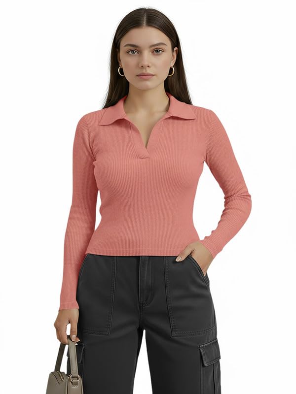 Image of Dream Beauty Fashion Women's Collared Neck Long Sleeve Slim Fit Casual Tee Top for Woman