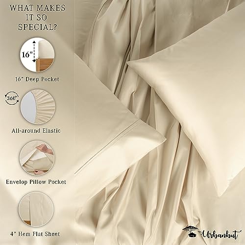 URBANHUT 800 Thread Count King Size Egyptian Cotton Sheets Set, 4 Pc Bed Sheet Sets for King Size Bedding, Luxury Hotel Sheets Sateen Finish Fits 16" Deep Pocket - Ivory